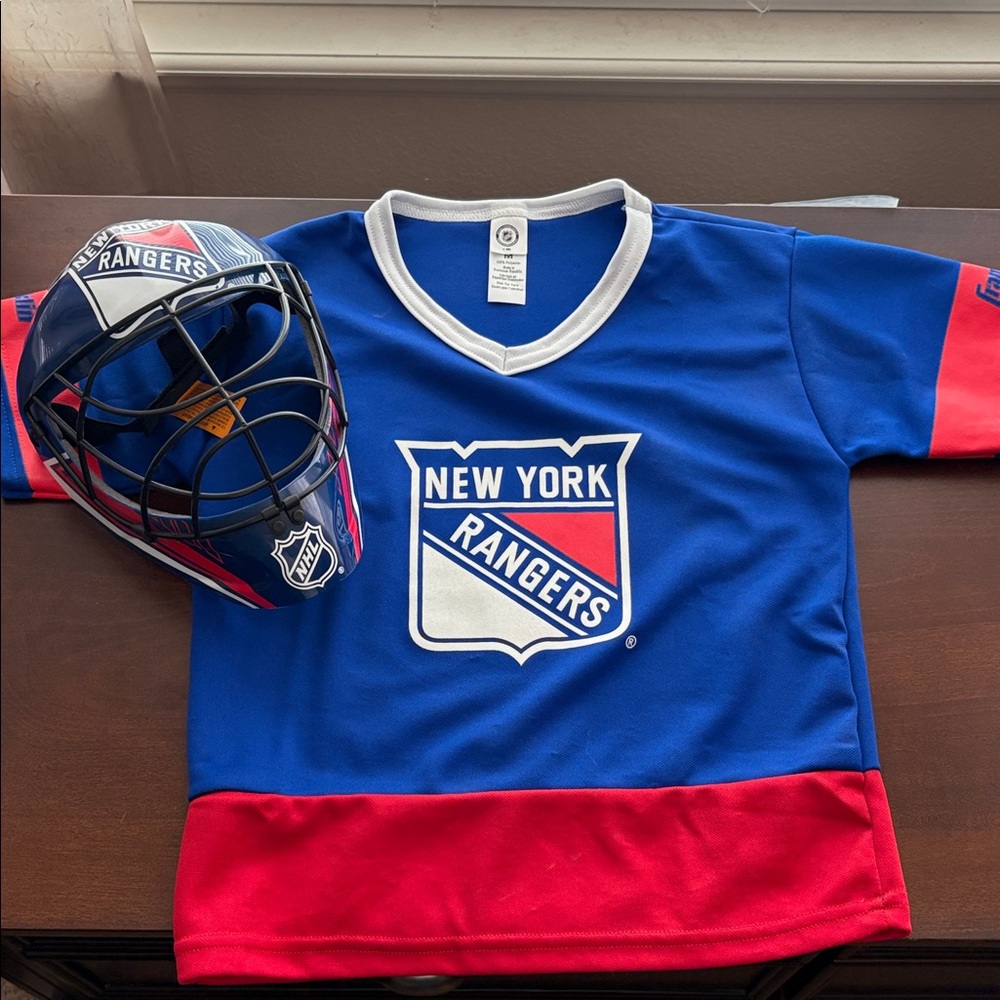 Like new! New York Rangers Kids Blue & Red Hockey Jersey and Mask